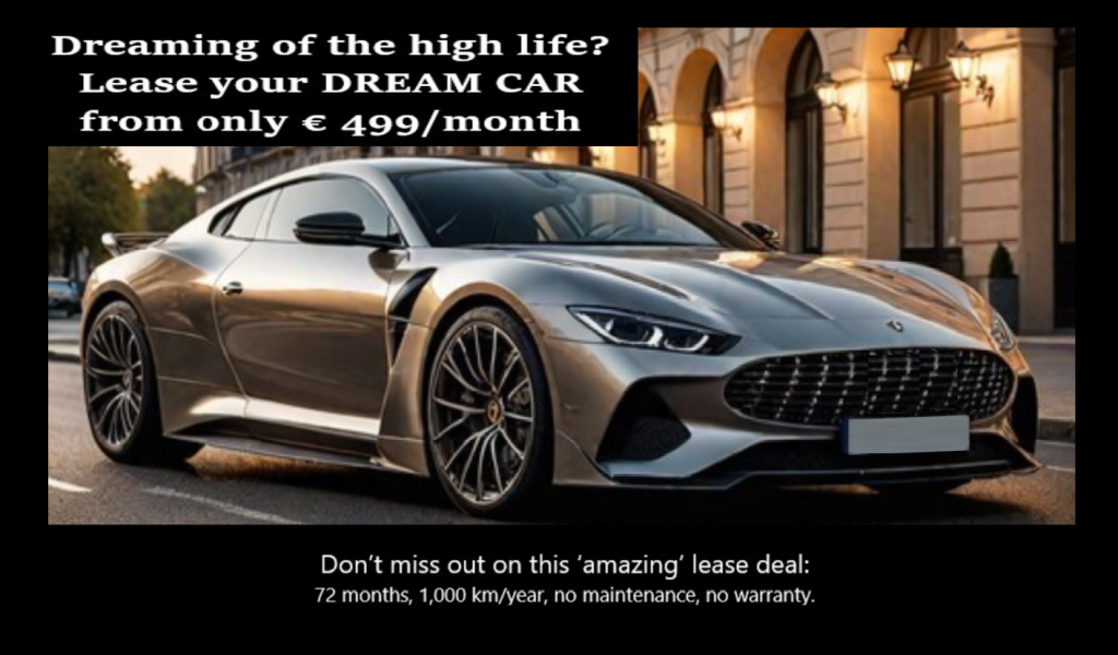 Example of misleading car lease advertisement with unrealistic terms